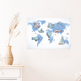 Plakat Mapa świata ze środkami transportu