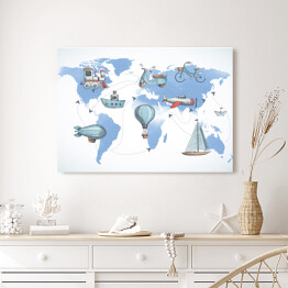 Obraz na płótnie Mapa świata ze środkami transportu