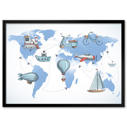 Plakat w ramie Mapa świata ze środkami transportu