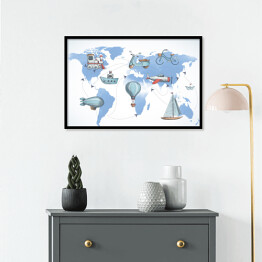 Plakat w ramie Mapa świata ze środkami transportu
