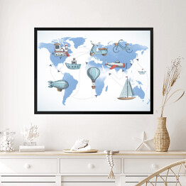 Obraz w ramie Mapa świata ze środkami transportu