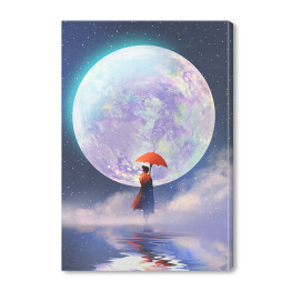 Kobieta z czerwoną parasolką stojąca na tle księżyca