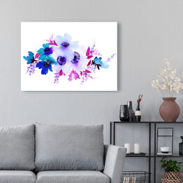 Ilustracja - akwarelowe kwiaty w kolorze niebieskim, różowym i błękitnym na białym tle