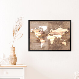 Obraz w ramie Mapa świata na tle imitującym jasne drewno