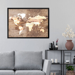 Obraz w ramie Mapa świata na tle imitującym jasne drewno