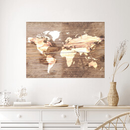 Plakat Mapa świata na tle imitującym jasne drewno