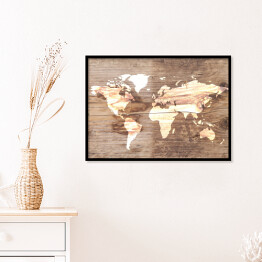 Plakat w ramie Mapa świata na tle imitującym jasne drewno