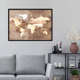 Plakat w ramie Mapa świata na tle imitującym jasne drewno