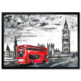 Plakat w ramie Widok na ulicę Londynu z dwupiętrowym autobusem