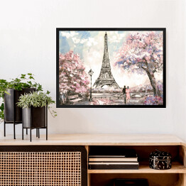Obraz w ramie Obraz olejny - widok na ulicę Paryża wiosną