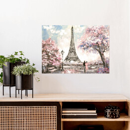 Plakat Obraz olejny - widok na ulicę Paryża wiosną