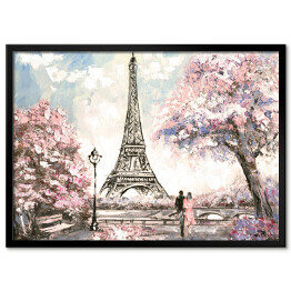 Plakat w ramie Obraz olejny - widok na ulicę Paryża wiosną