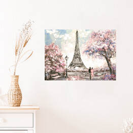 Plakat samoprzylepny Obraz olejny - widok na ulicę Paryża wiosną
