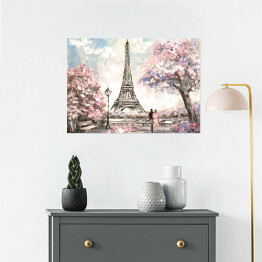 Plakat Obraz olejny - widok na ulicę Paryża wiosną