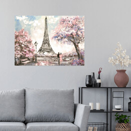 Plakat samoprzylepny Obraz olejny - widok na ulicę Paryża wiosną