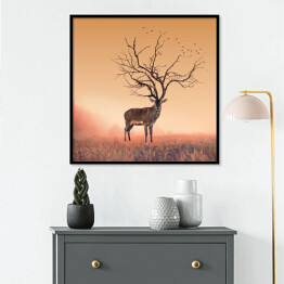 Plakat w ramie Sylwetka jelenia z porożem imitującym koronę drzewa