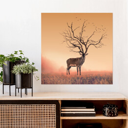 Plakat samoprzylepny Sylwetka jelenia z porożem imitującym koronę drzewa