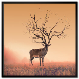 Plakat w ramie Sylwetka jelenia z porożem imitującym koronę drzewa