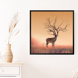 Obraz w ramie Sylwetka jelenia z porożem imitującym koronę drzewa