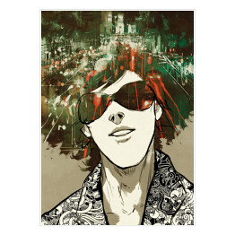 Plakat Podwójna ekspozycja - człowiek w okularach przeciwsłonecznych i miasto nocą