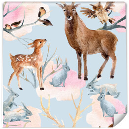 Tapeta w rolce Zimowa ilustracja lasu ze zwierzętami