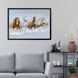 Obraz w ramie Stado koni w śniegu - obraz świąteczny