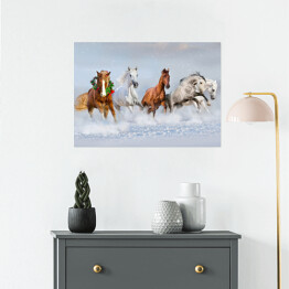 Plakat Stado koni w śniegu - obraz świąteczny