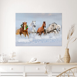 Plakat Stado koni w śniegu - obraz świąteczny
