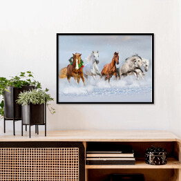Plakat w ramie Stado koni w śniegu - obraz świąteczny