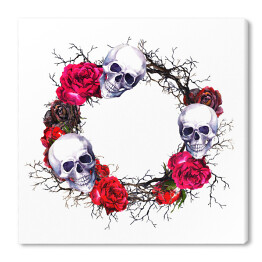 Obraz na płótnie Wieniec - czaszki, czerwone róże, gałęzie - ilustracja w stylu grunge