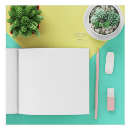 Plakat samoprzylepny Książka, ołówek, kaktus na kolorowym tle