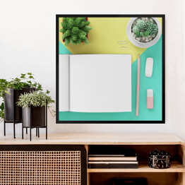 Obraz w ramie Książka, ołówek, kaktus na kolorowym tle
