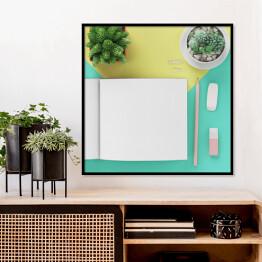 Plakat w ramie Książka, ołówek, kaktus na kolorowym tle