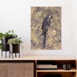 Plakat Papuga na wzorzystym tle w odcieniach szarości