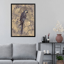 Obraz w ramie Papuga na wzorzystym tle w odcieniach szarości