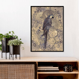 Plakat w ramie Papuga na wzorzystym tle w odcieniach szarości