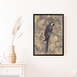 Obraz w ramie Papuga na wzorzystym tle w odcieniach szarości