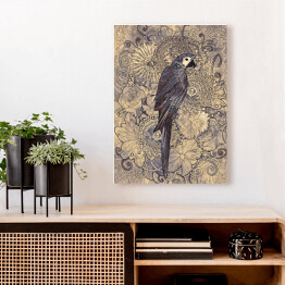 Obraz na płótnie Papuga na wzorzystym tle w odcieniach szarości