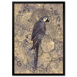 Plakat w ramie Papuga na wzorzystym tle w odcieniach szarości
