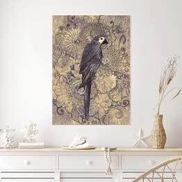 Plakat samoprzylepny Papuga na wzorzystym tle w odcieniach szarości