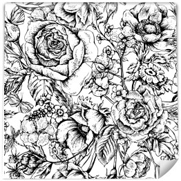 Tapeta winylowa zmywalna w rolce Czarno biały wzór kwiatowy w stylu vintage