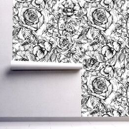 Tapeta samoprzylepna w rolce Czarno biały wzór kwiatowy w stylu vintage
