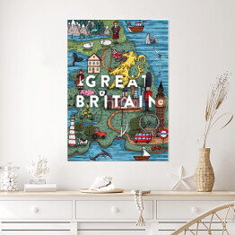 Plakat Mapa z symbolami kraju - Wielka Brytania