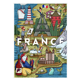 Plakat Mapa z symbolami kraju - Francja