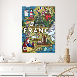 Plakat Mapa z symbolami kraju - Francja