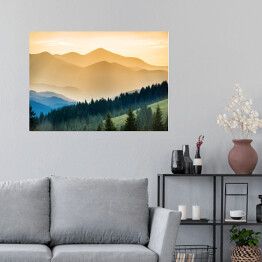 Plakat Piękny zachód słońca w rozwarstwionych górach