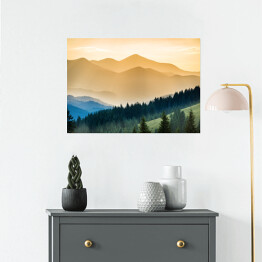 Plakat samoprzylepny Piękny zachód słońca w rozwarstwionych górach