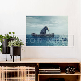 Plakat samoprzylepny Słoń w łodzi na morzu