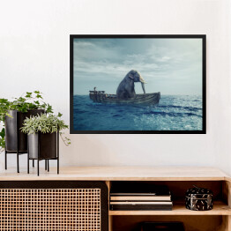 Obraz w ramie Słoń w łodzi na morzu