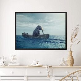 Obraz w ramie Słoń w łodzi na morzu